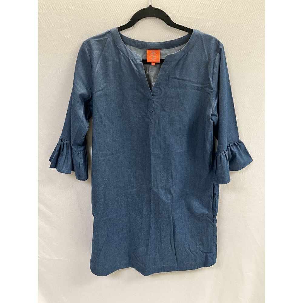 Tracy Negoshian Women's Chambray Blue Trapeze Elbow Puff Sleeve Dress with pocke
